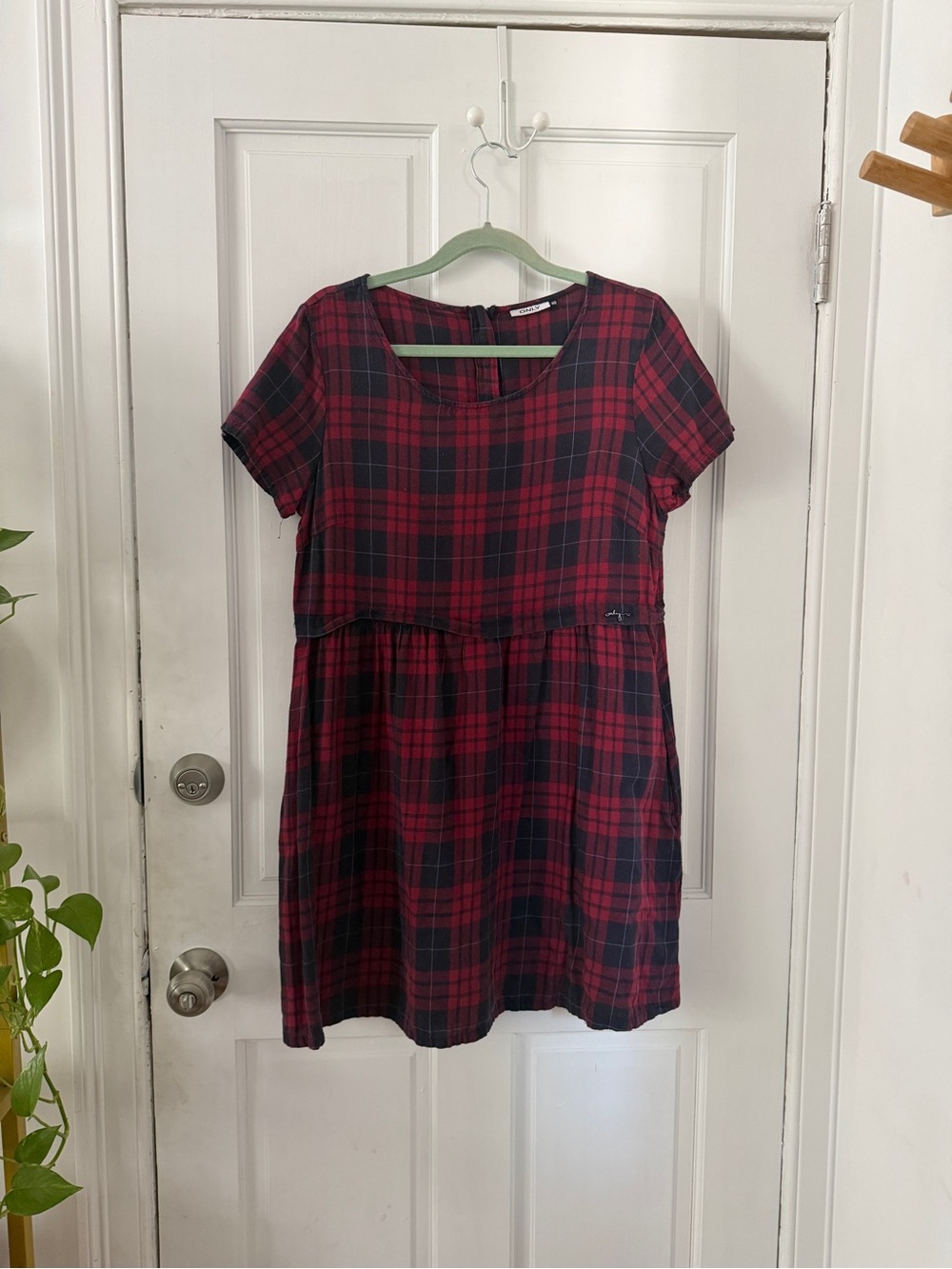 ONLY Burgundy and Black Plaid Tunic Dress